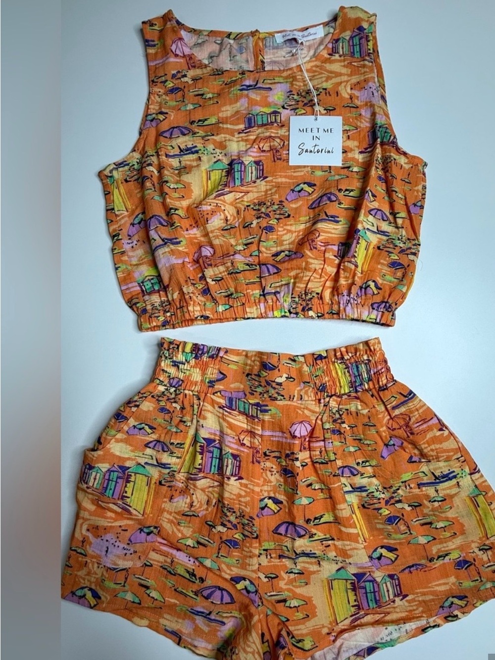 Meet Me in Santorini Orange Beach Print Shorts Set NWT